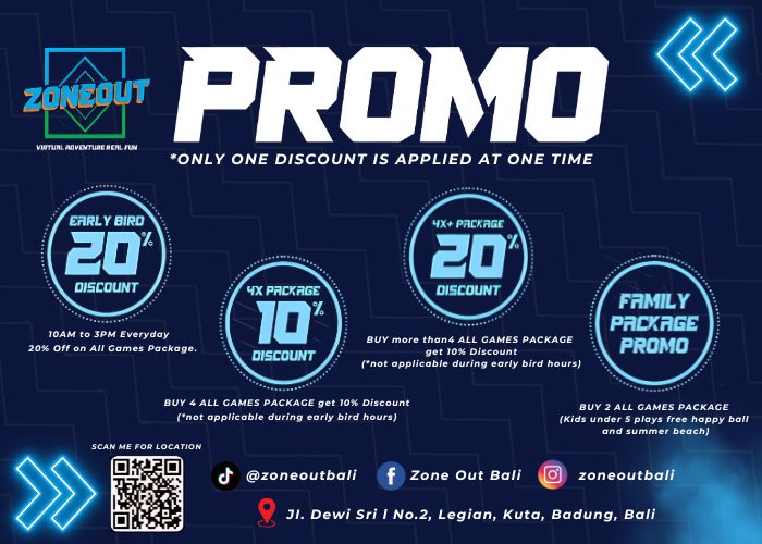 ZoneOut Bali promo flyer: 20 percent discount, family promo, B2B enquiries